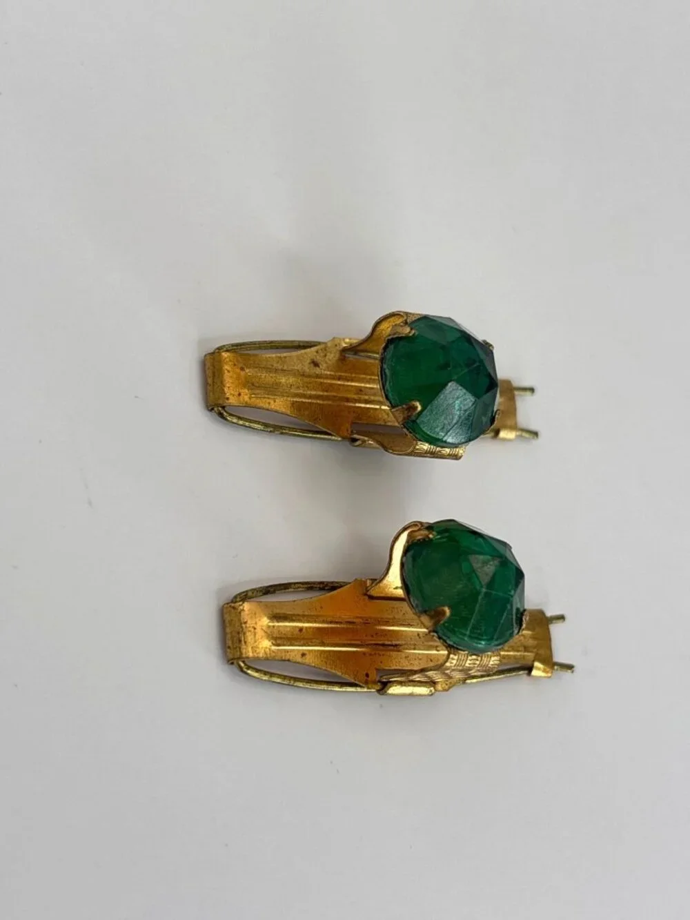 Vintage Rare 1930's Metal Gold Tone Metal Hair Barret Clips Pins Green Stone